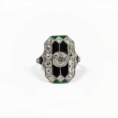 Cuttings Jewellers and Pawnbrokers, womens luxury silver ring with diamond octagon and emerald and black diamond details