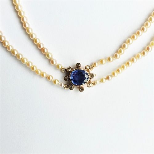 Cuttings Jewellers and Pawnbrokers, womens antique double chain pearl necklace with blue sapphire in the middle