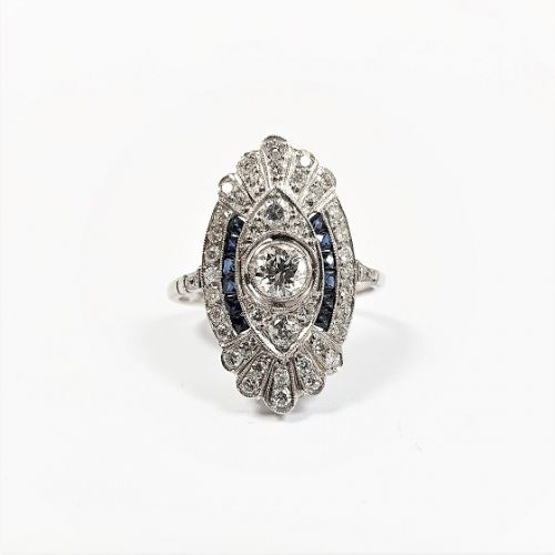 Cuttings Jewellers and Pawnbrokers, womens luxury silver ring with oval diamond setting and design and blue diamond details