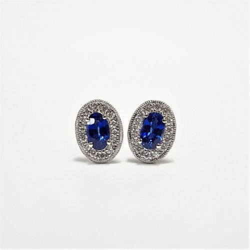 Cuttings Jewellers and Pawnbrokers, womens luxury oval earrings with diamond setting and sapphire stone centre 