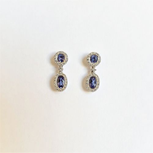 Cuttings Jewellers and Pawnbrokers, womens luxury droplet earrings with diamond outline and sapphire stone